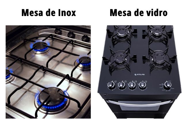 Tipos de fogões - mesa de inox e mesa de vidro